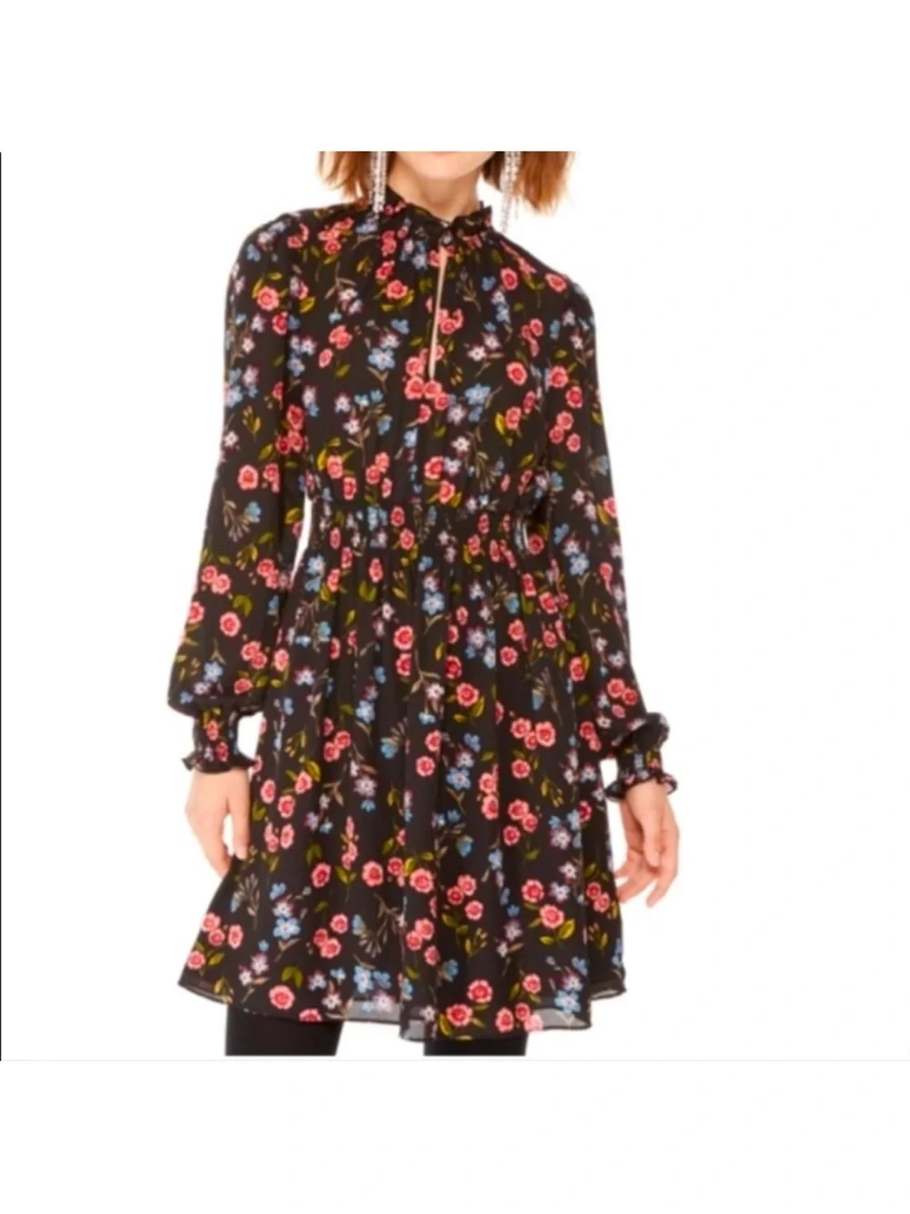 kate spade Black Floral Long-Sleeve Ruffle Neck Dress with Pink & Blue Blooms